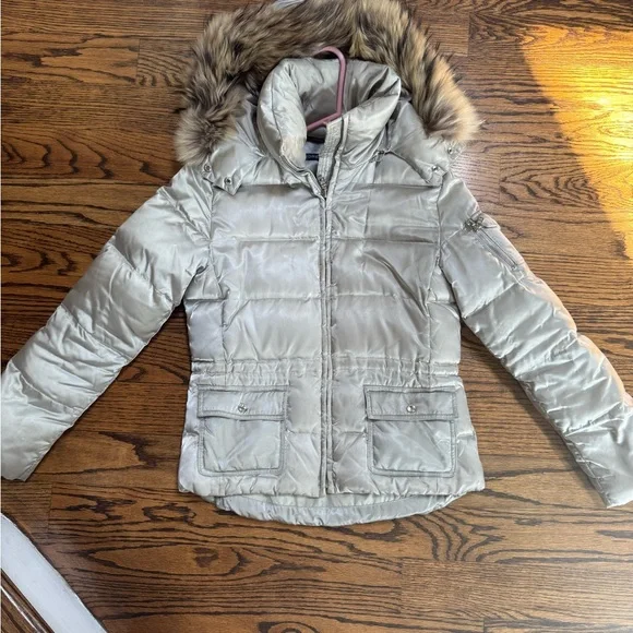 Andrew Marc Silver champaine Puffer Jacket with real Fur Hood down jacket - Picture 1 of 8